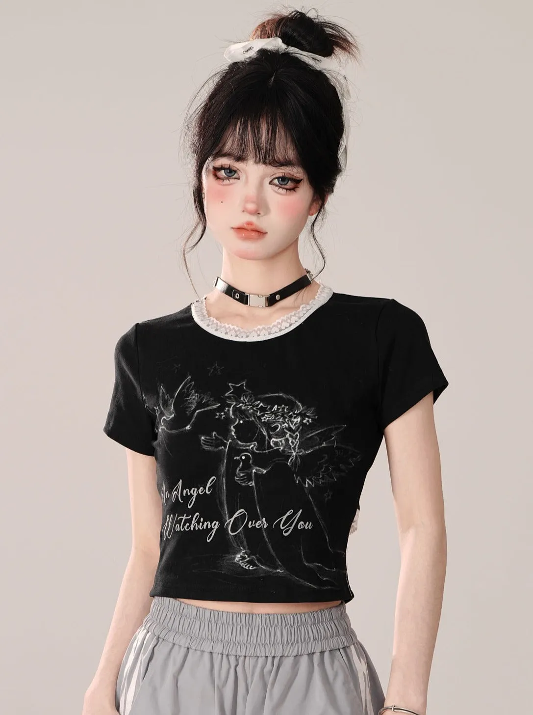 Black Little Short Angel Short Design Tops