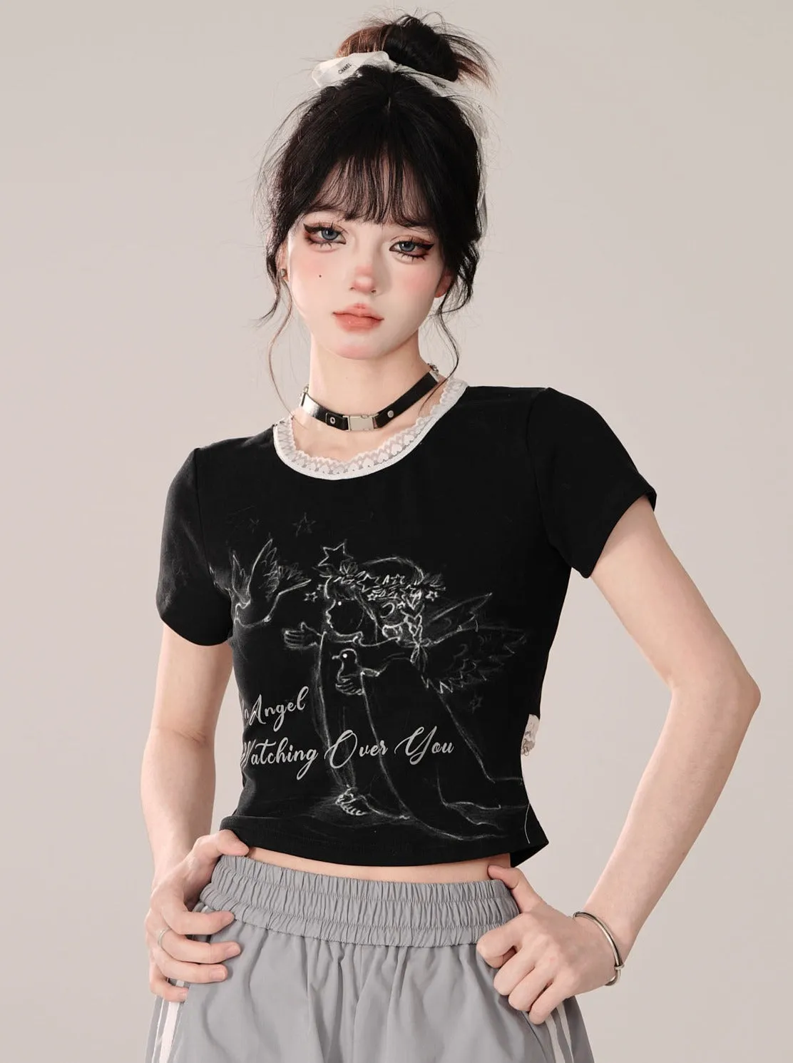 Black Little Short Angel Short Design Tops