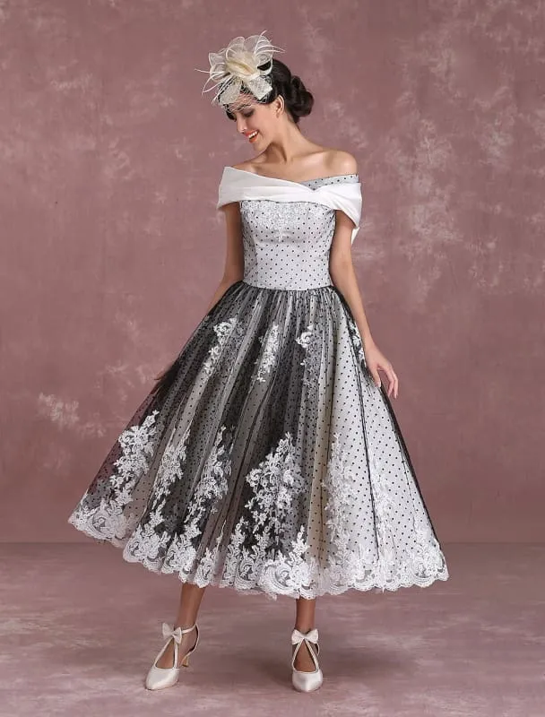 Black Wedding Dresses Vintage Short Bridal Gown Lace Off The Shoulder Polka Dot Print Bridal Dress With Bow At Back Exclusive