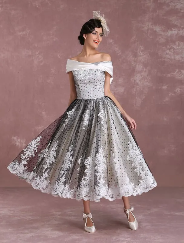 Black Wedding Dresses Vintage Short Bridal Gown Lace Off The Shoulder Polka Dot Print Bridal Dress With Bow At Back Exclusive