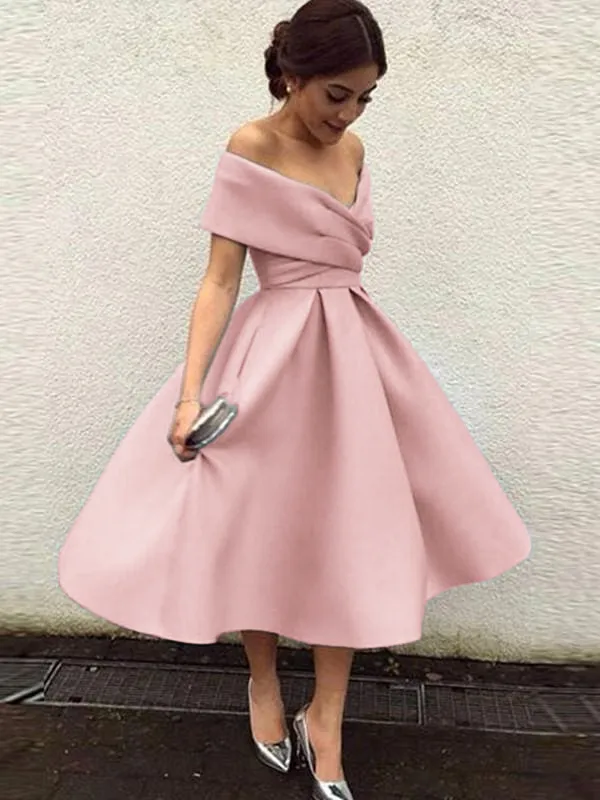 Bridelily A-Line Sleeveless Off-the-Shoulder Satin With Ruffles Tea-Length Dresses