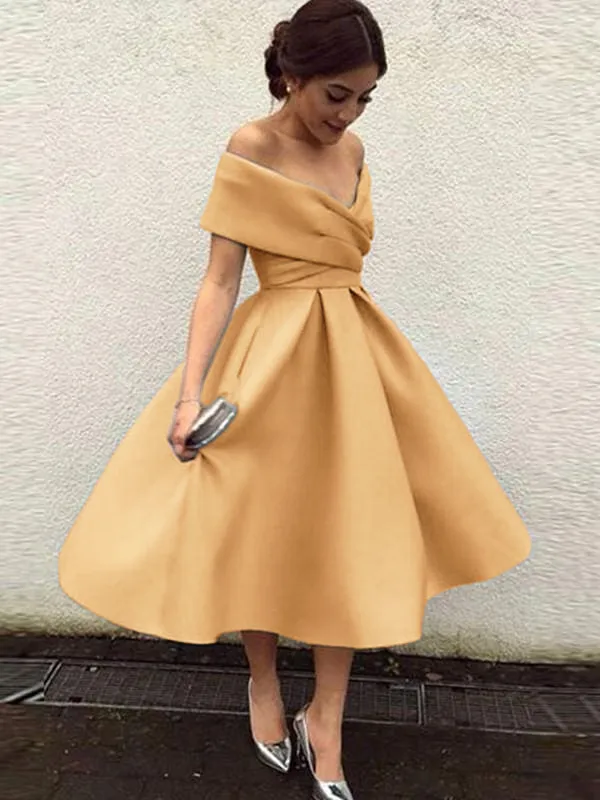 Bridelily A-Line Sleeveless Off-the-Shoulder Satin With Ruffles Tea-Length Dresses
