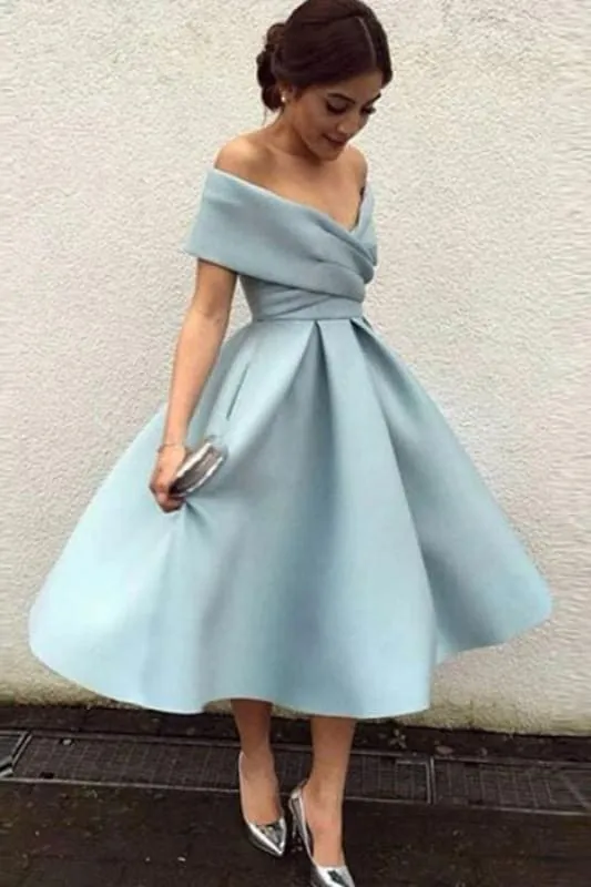 Bridelily A-Line Sleeveless Off-the-Shoulder Satin With Ruffles Tea-Length Dresses