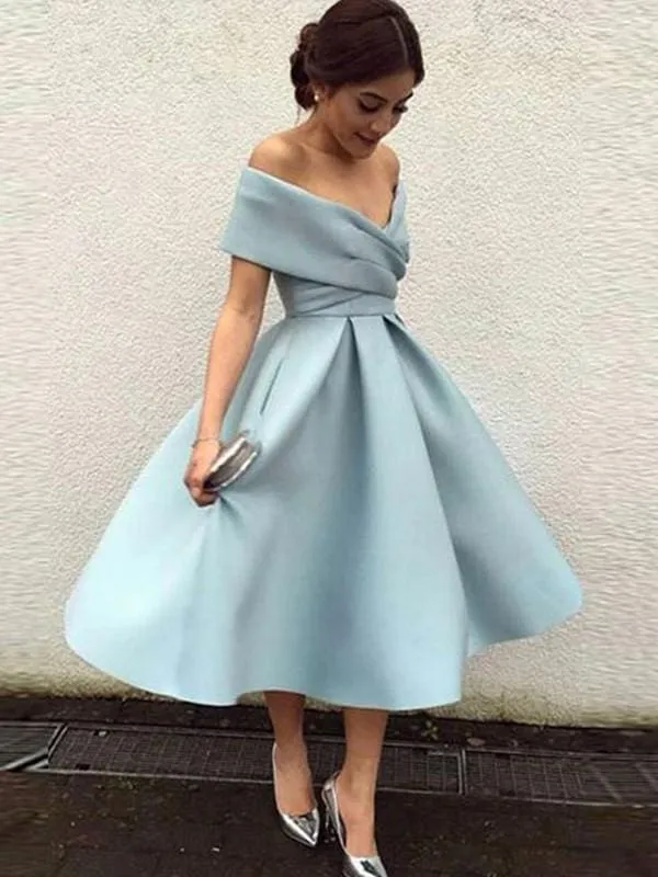 Bridelily A-Line Sleeveless Off-the-Shoulder Satin With Ruffles Tea-Length Dresses