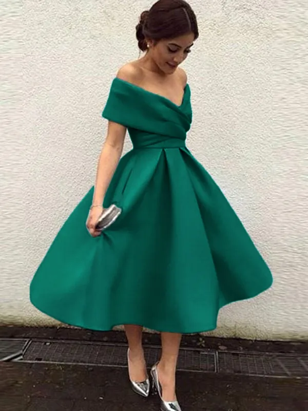 Bridelily A-Line Sleeveless Off-the-Shoulder Satin With Ruffles Tea-Length Dresses