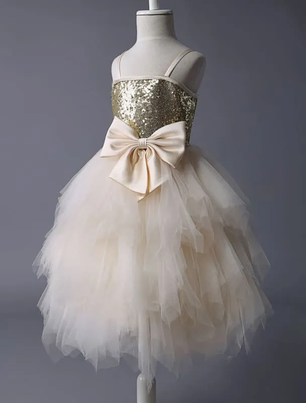 Champagne Tulle Ruffle Flower Girl Dress with Gold Sequins