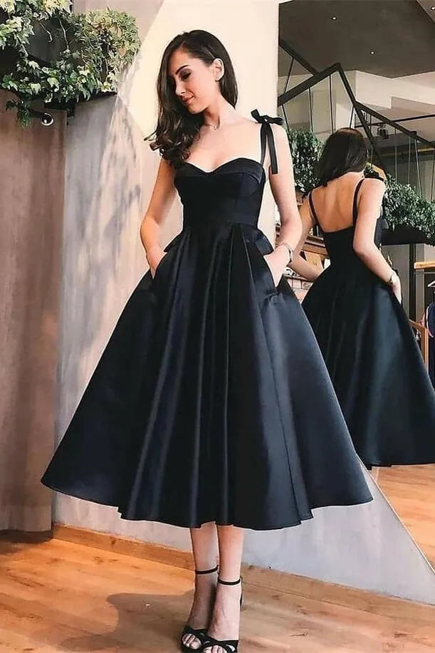 Chic Black Sweetheart Tea-Length Evening Dress Spaghetti Straps with Pockets