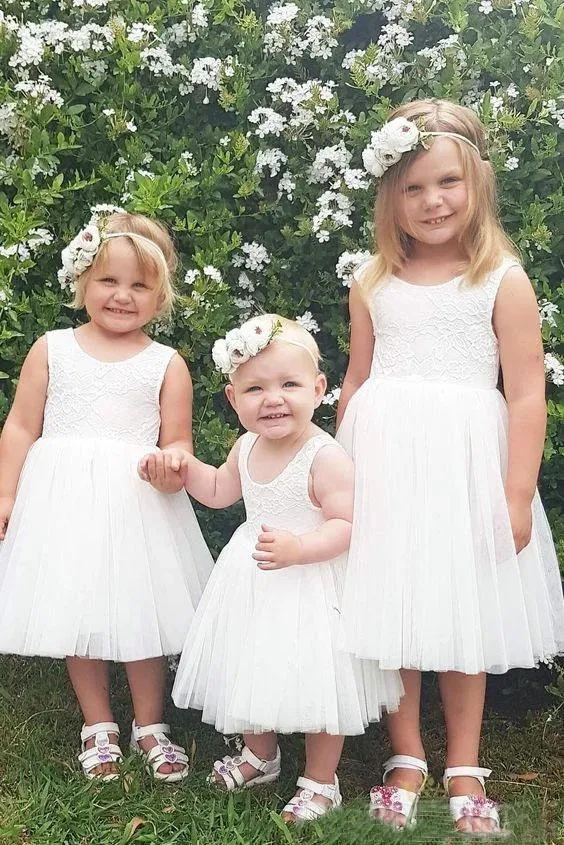 Cute A Line Lace Round Neck White Flower Girl Dresses with Tulle, Baby Dresses SWK15134