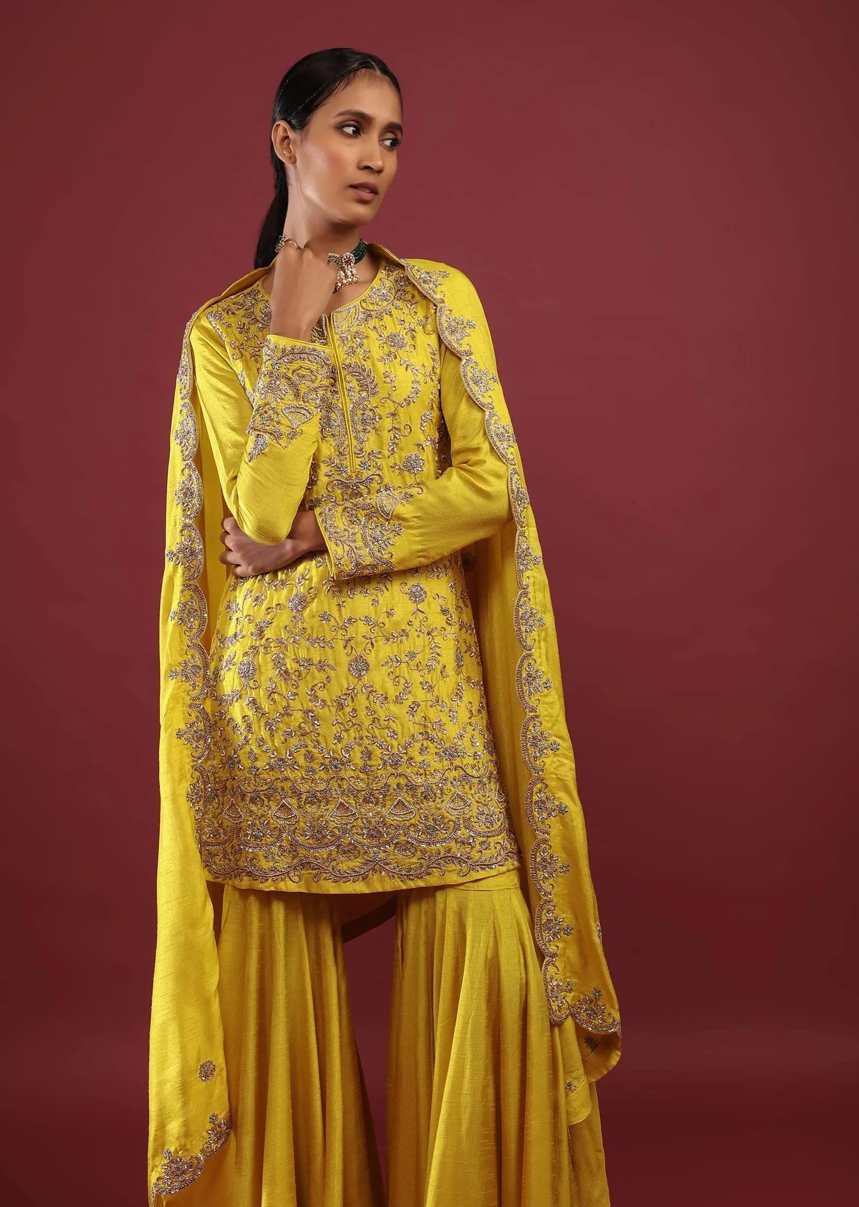 Daffodil Yellow Sharara Suit In Raw Silk With Zardosi And Moti Floral Work