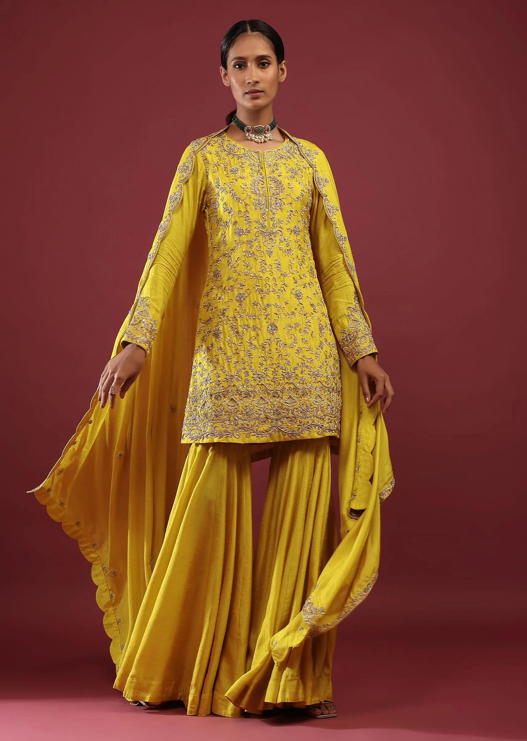 Daffodil Yellow Sharara Suit In Raw Silk With Zardosi And Moti Floral Work