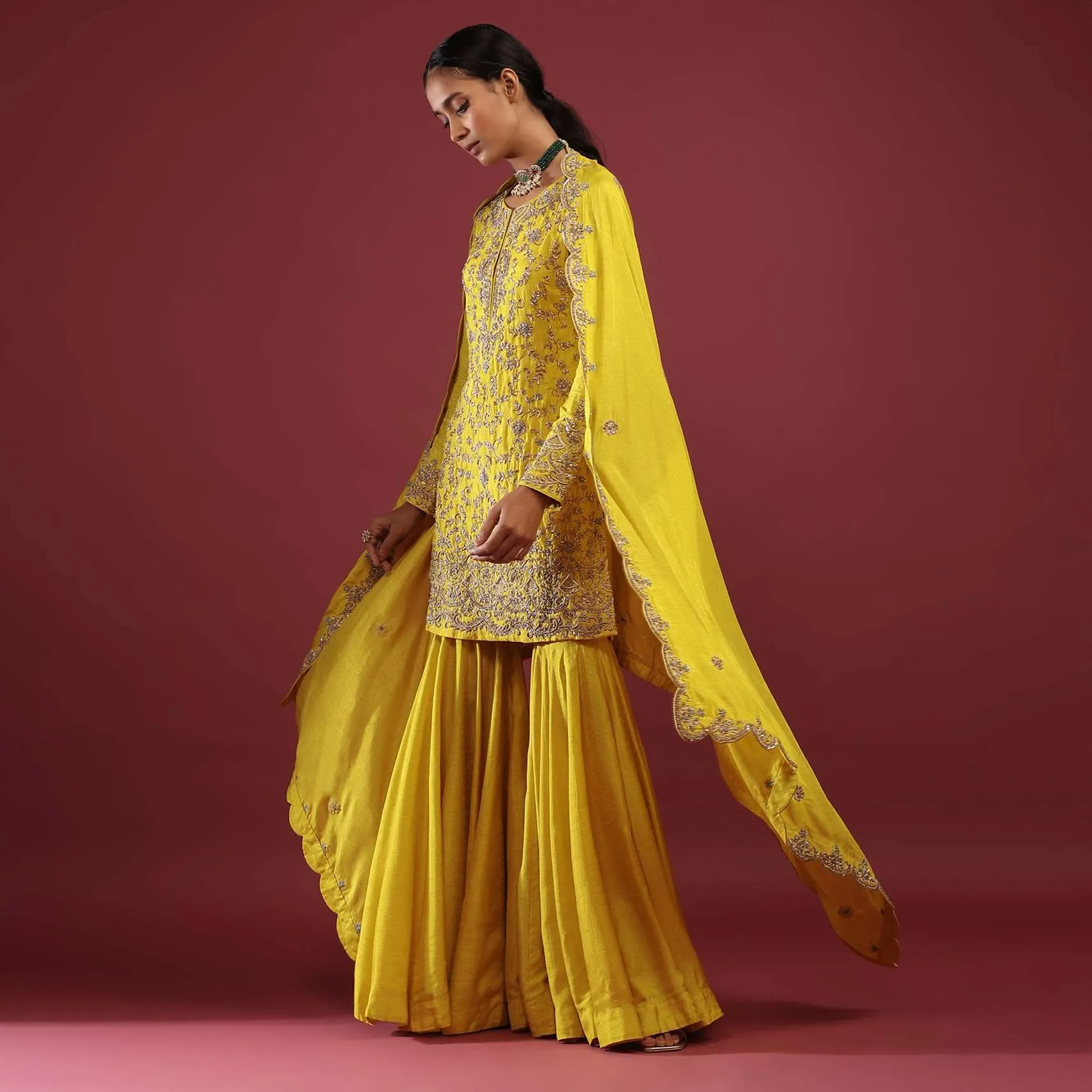 Daffodil Yellow Sharara Suit In Raw Silk With Zardosi And Moti Floral Work