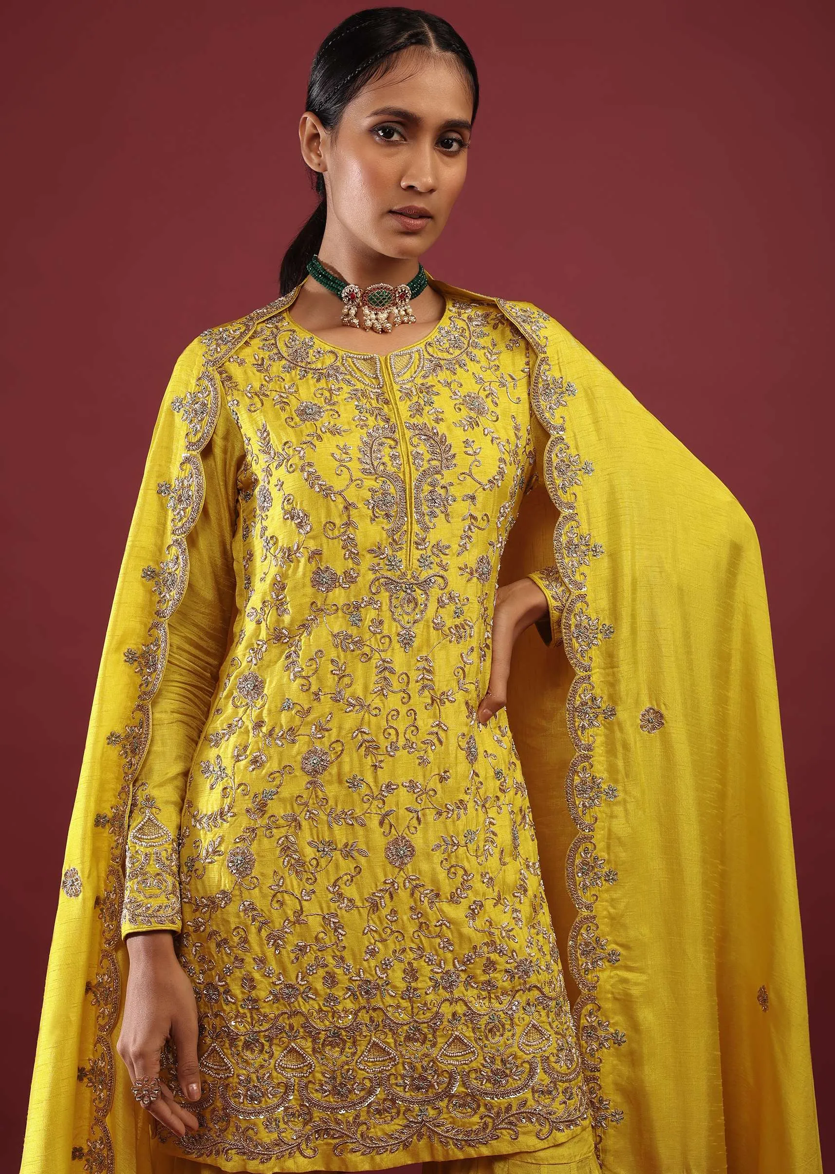 Daffodil Yellow Sharara Suit In Raw Silk With Zardosi And Moti Floral Work