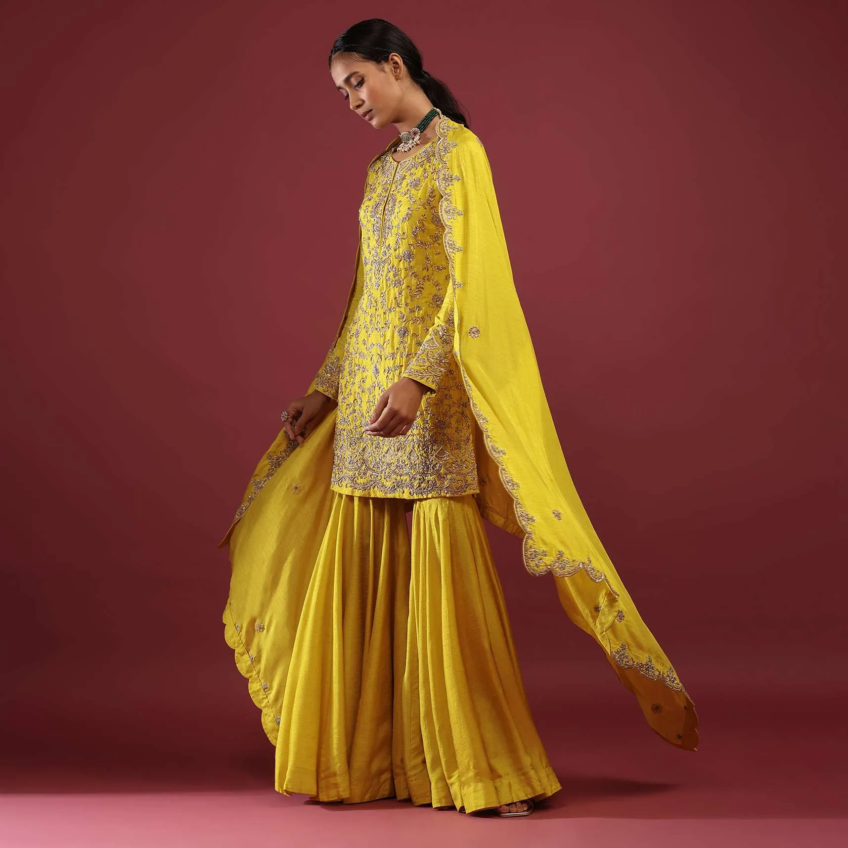 Daffodil Yellow Sharara Suit In Raw Silk With Zardosi And Moti Floral Work