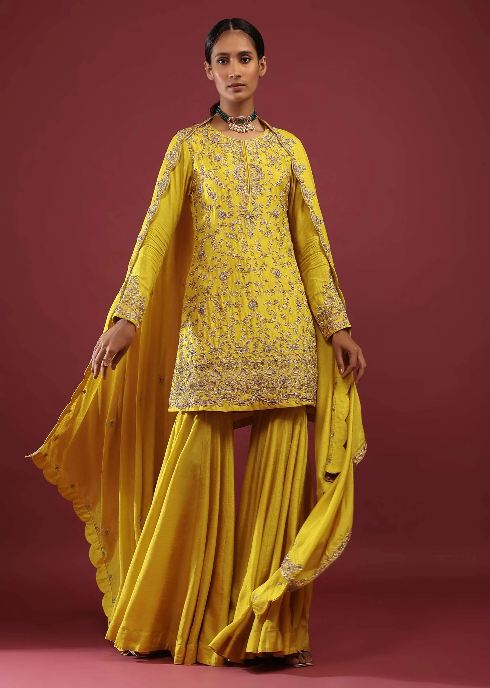 Daffodil Yellow Sharara Suit In Raw Silk With Zardosi And Moti Floral Work