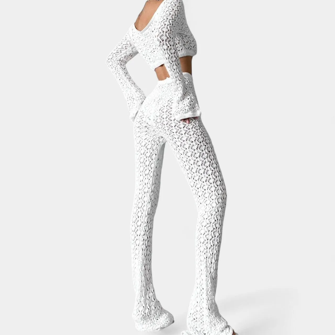 Nakd White Crochet Long Sleeve Crop Top Flared Pants Two Piece Set Size XS/S