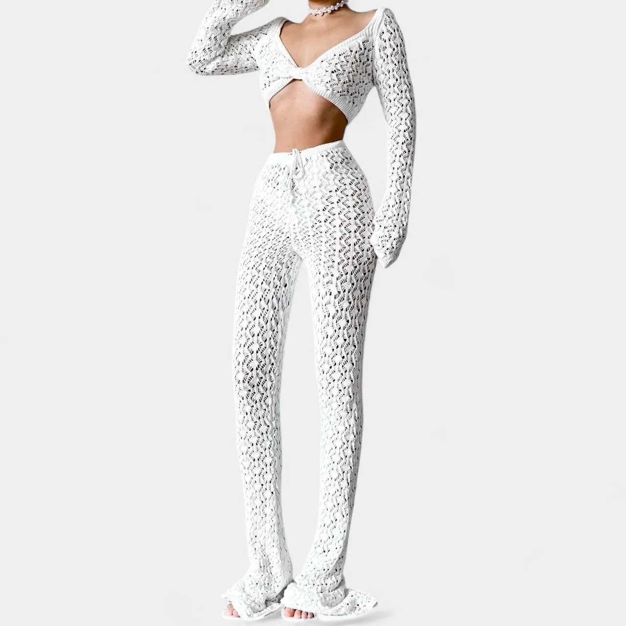 Nakd White Crochet Long Sleeve Crop Top Flared Pants Two Piece Set Size XS/S