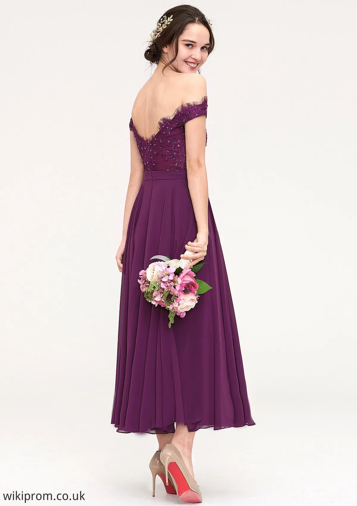 Off-the-Shoulder Sleeveless Tea-Length Chiffon A-line/Princess Bridesmaid Dresses With Lace Beading Shyanne SWKP0025446