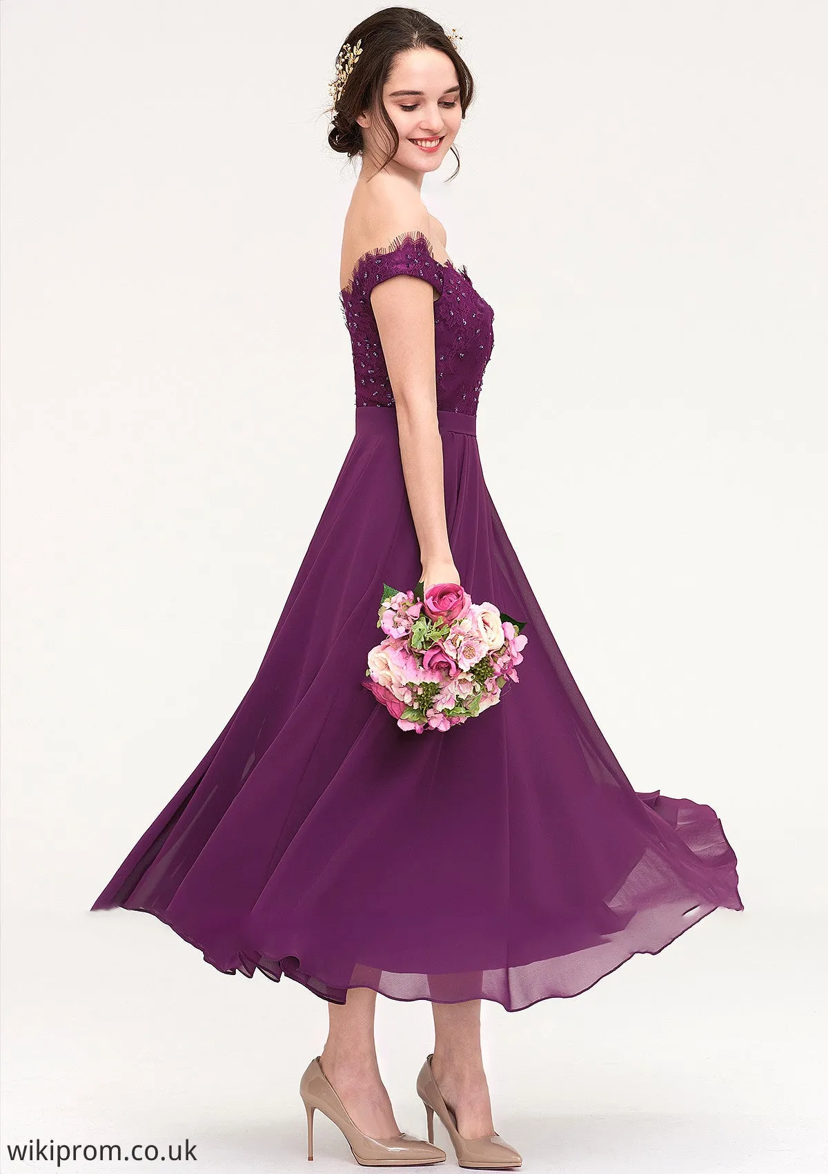 Off-the-Shoulder Sleeveless Tea-Length Chiffon A-line/Princess Bridesmaid Dresses With Lace Beading Shyanne SWKP0025446