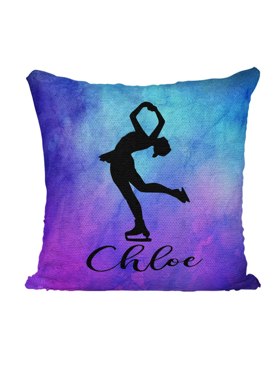 Personalized Figure Skating Sequin Mermaid Flip Pillow - Watercolor Background