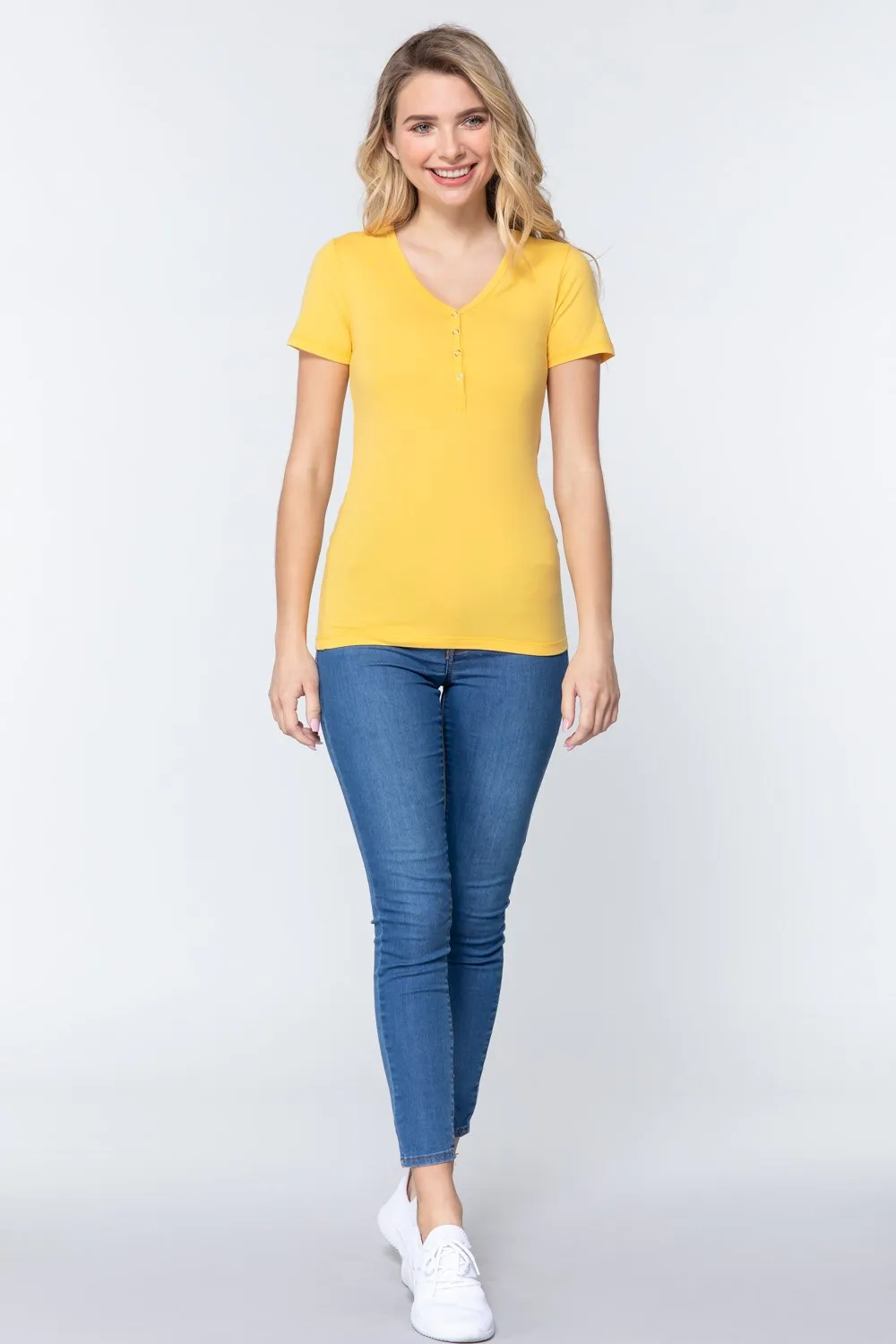 Short Slv V-neck Henley Knit Top