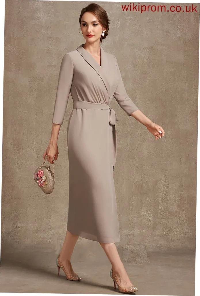the V-neck Bride Sheath/Column Mother of the Bride Dresses With Mother Chiffon Bow(s) Brenda Dress of Tea-Length