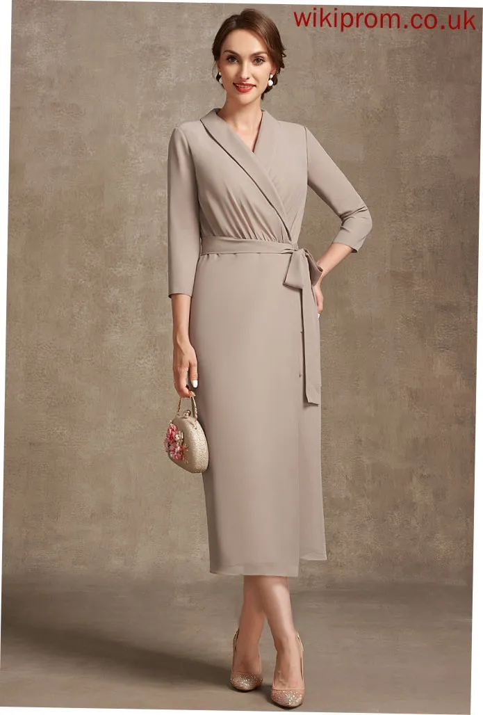 the V-neck Bride Sheath/Column Mother of the Bride Dresses With Mother Chiffon Bow(s) Brenda Dress of Tea-Length