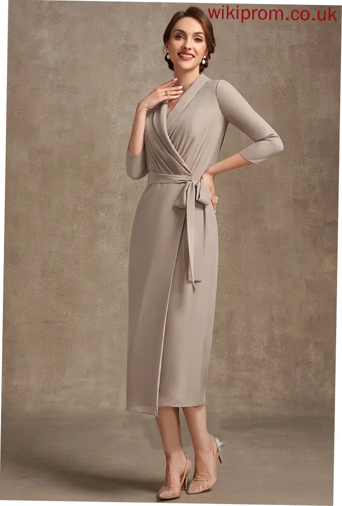 the V-neck Bride Sheath/Column Mother of the Bride Dresses With Mother Chiffon Bow(s) Brenda Dress of Tea-Length