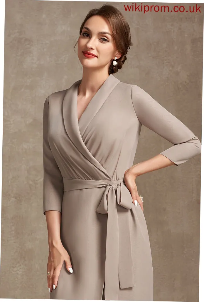 the V-neck Bride Sheath/Column Mother of the Bride Dresses With Mother Chiffon Bow(s) Brenda Dress of Tea-Length