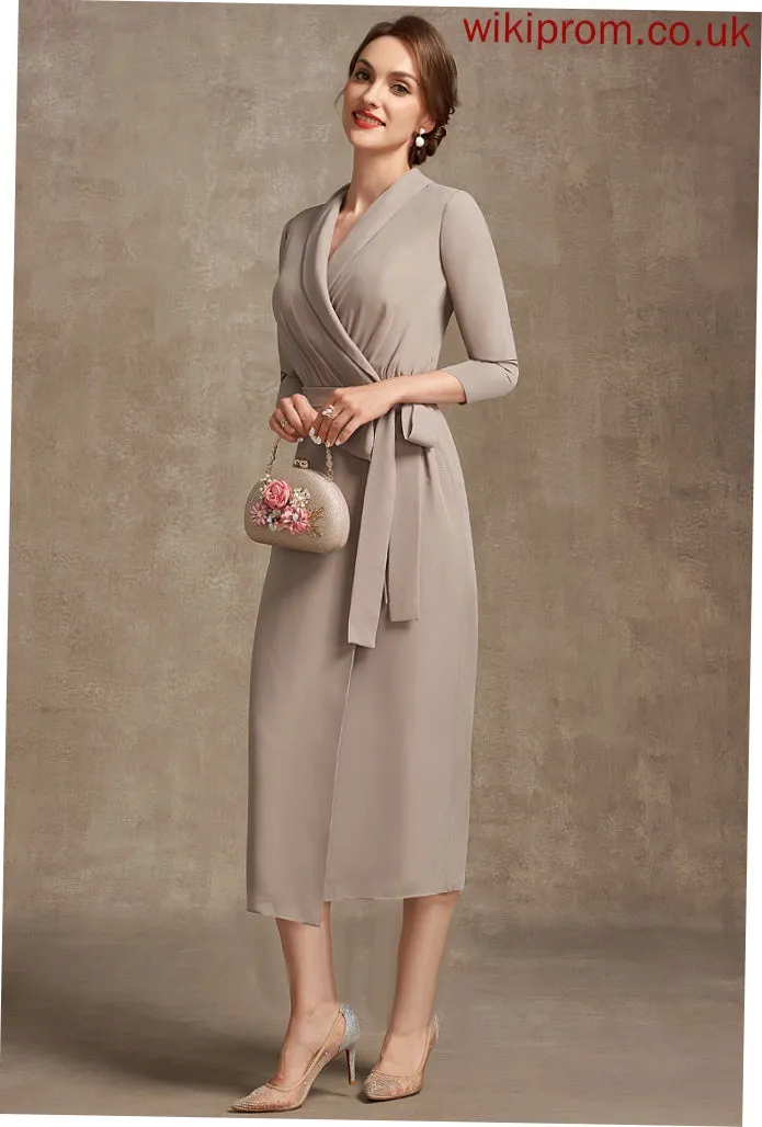 the V-neck Bride Sheath/Column Mother of the Bride Dresses With Mother Chiffon Bow(s) Brenda Dress of Tea-Length