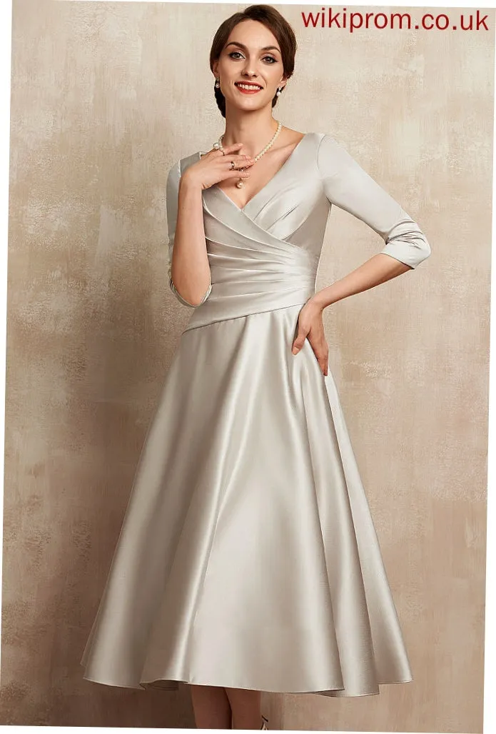 V-neck Ruffle Aliana Dress of Bride With Tea-Length A-Line Mother of the Bride Dresses Mother Satin the